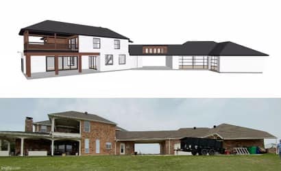 Long elevation remodel rendering above a photo of the existing brick home with its attached garage