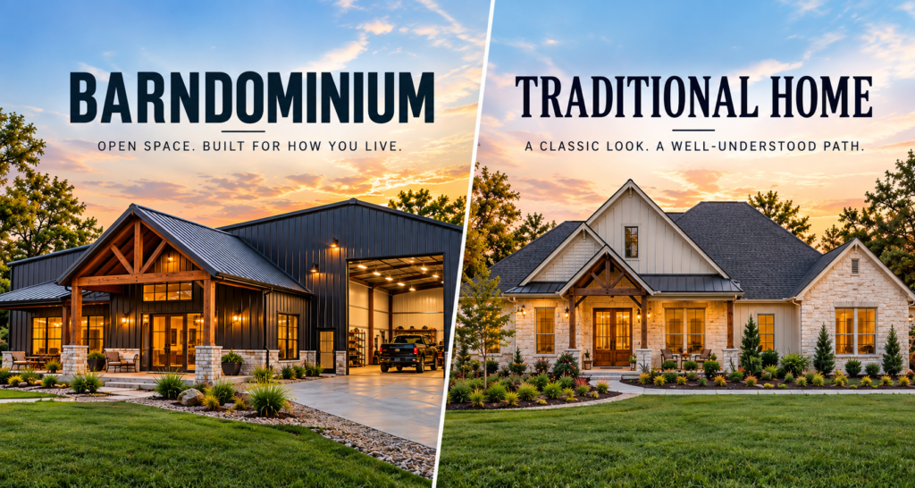 Barndominium vs house comparison by 1802 Build Co., East Texas builder