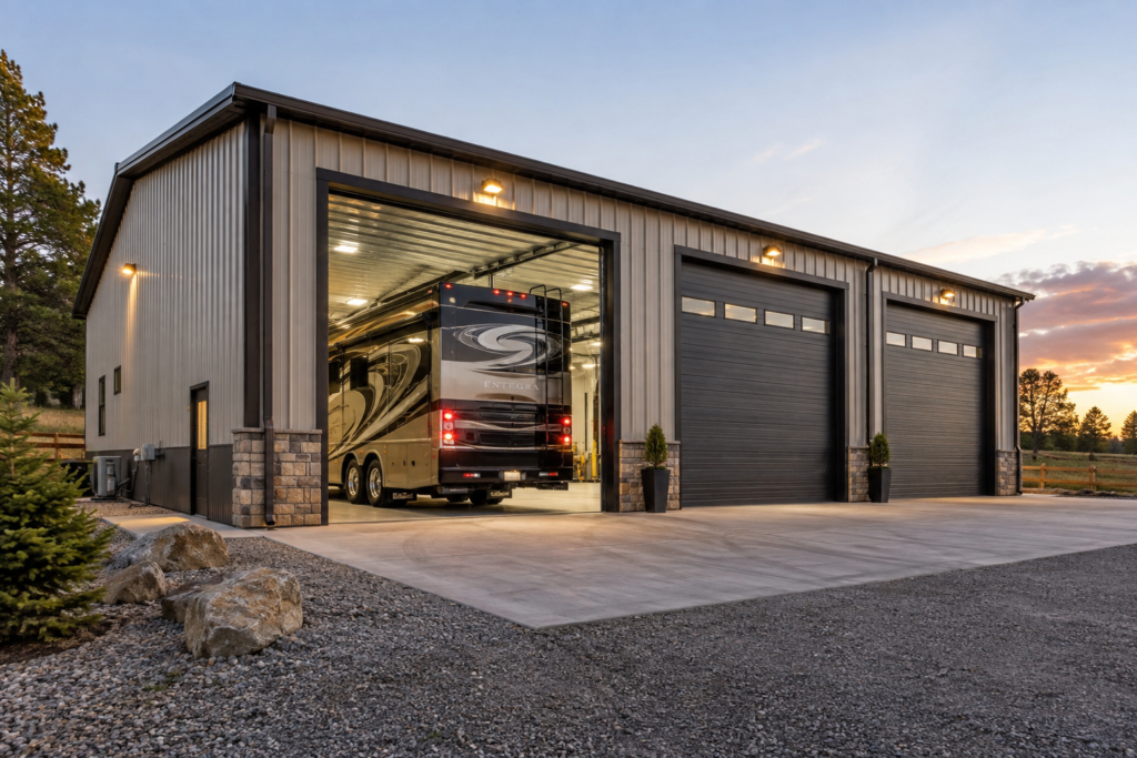 Metal RV garage at dusk with an RV parked inside and three overhead doors