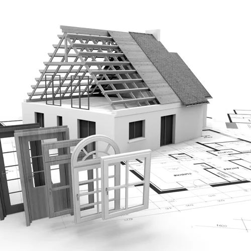 Architectural design illustration of a house frame with roof trusses and windows