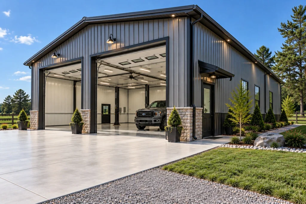 Dark metal shop building with glass-panel overhead doors open and a truck parked inside